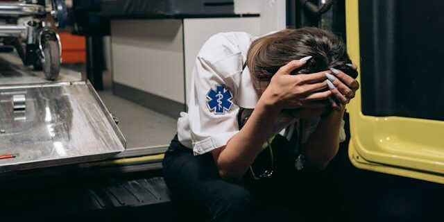 female paramedic with head in her hands