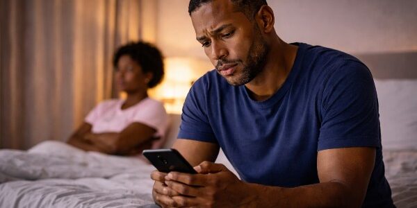 comm-counseling man sitting on the bed texting while his wife sits in the background with arms folded.