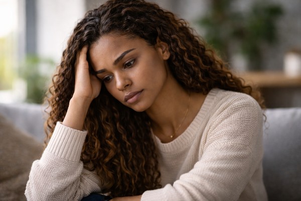 Woman looking sad sitting on her sofa
