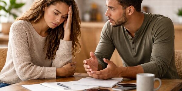 Couple talking at breakfast table about finances