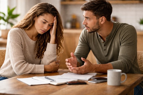 Couple talking at breakfast table about finances